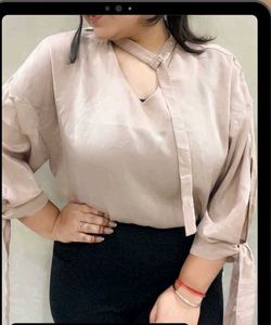 Beige Tie-Neck Blouse
