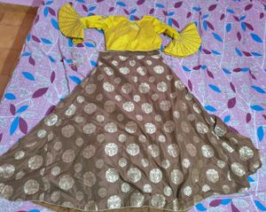 Yellow &amp; Brown Embellished Lehenga