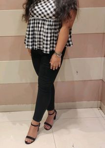 AND Black & White Peplum Top With Bow Tie At The Back