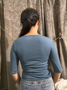 Blue Ribbed V-Neck Top