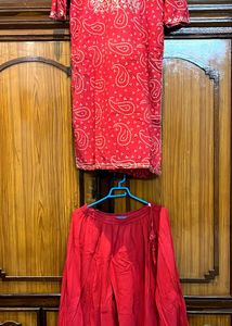 Red Paisley Print Kurta Skirt Set. Size- XL