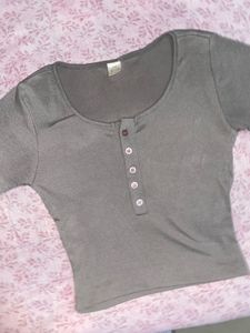 Grey Ribbed Button-Up Crop Top