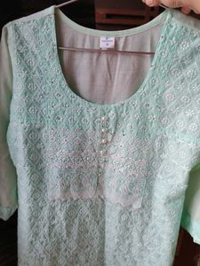 Elegant Light Green Embroidered Cotton Kurta.