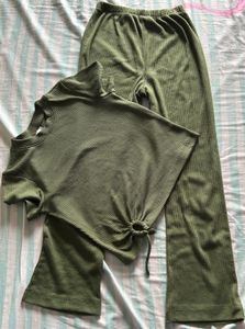 Girls Olive Green Solid Ribbed Cotton Coord Set