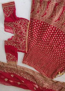 Unstitched Red &amp; Gold Embroidered Lehenga