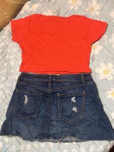 Orange Top &amp; Distressed Denim Skirt