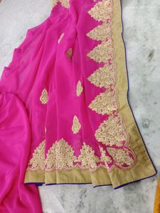 Pink Saree With Golden Zari Work