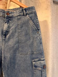 Trendy Wide Leg Cargo Jeans, Waist- 30