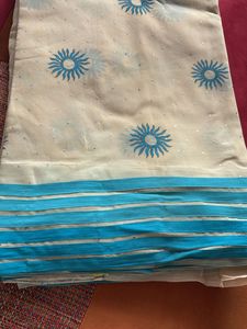 Cream Blue Mukesh Work Saree