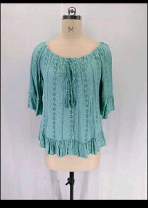 New Eyelet Embroidery Peasant Top With Tassels
