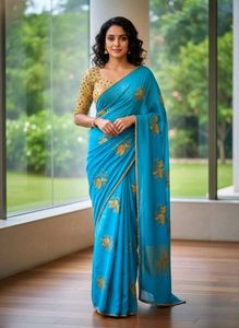 Elegant Cyan &amp; Gold Saree