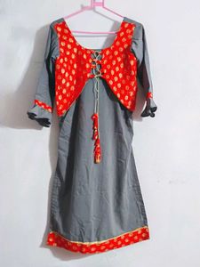 Grey & Red Kurta