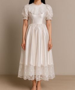 White Satin Dress with Lace Details