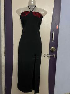 Corset Black Halter Dress with Red Detail