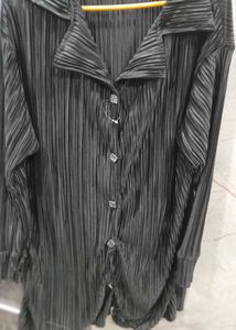 Pleated Black Button-Down Top