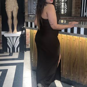 Brown Bodycon On Shoulder Slit Maxi Dress