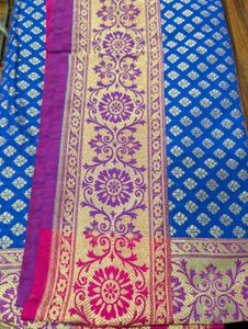 Beautiful Blue Silk Saree With Blouse Piece