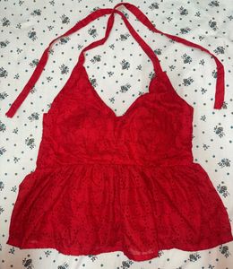 Red Halter Eyelet Top