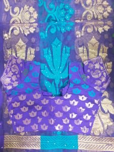 Royal blue With Cyan And Green Woven Saree