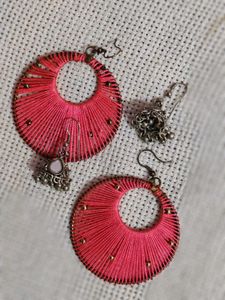 Pink Thread  Or Silver Colour Earrings 2 Pair