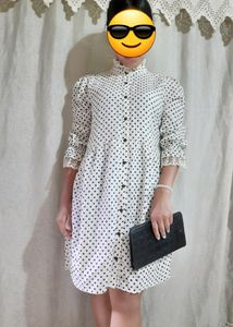 NAVY BLUE POLKADOT FULL BUTTON DRESS