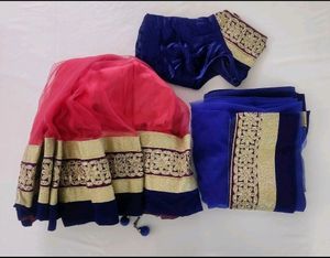 [Blue & Pink Embroidered Lehenga Choli Set (Women)