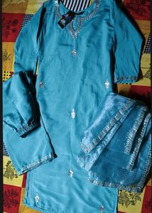 Aqua blue embroidery kurti plazo & dupatta set 🩵