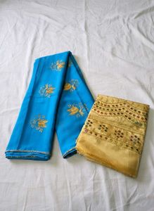 Elegant Cyan &amp; Gold Saree