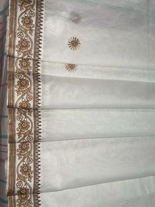 Brown Floral Bordered White Saree