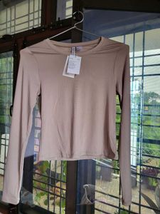 H&M Long Sleeve Microfibre Beige Top/ S