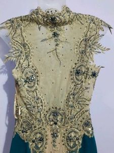 Y2k Vintage Teal &amp; Gold Embellished Formal Gown