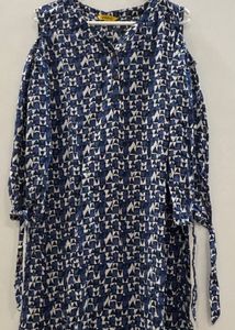 Blue & White Printed Cold-Shoulder Kurta