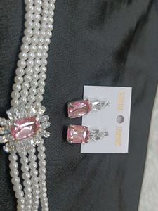 Pink Stone &amp; Pearl Necklace And Earrings Combo