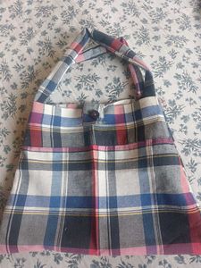 Plaid Tote Bag with Button Detail