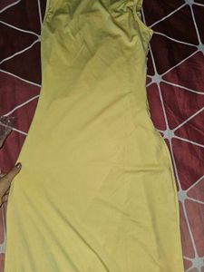 yellow drapped square neck dress