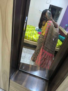 Khaki and pink saree