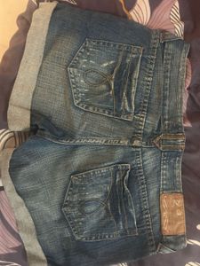 White &amp; Blue Denim Shorts with Frayed H