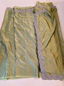 Pista olive green work saree - blouse piece