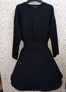 Black Textured Fabric Korean Style Skater Dress
