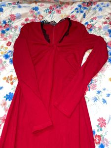 Red Lace Trim Long Sleeve Top