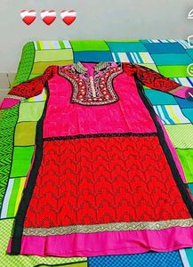 Embroidered Pink & Red Kurti