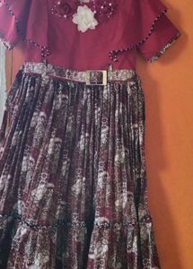 Girls Maroon Floral Belted Dress With Free Lagging
