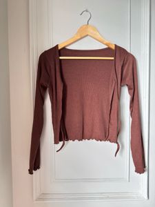 Brown Tie Front Crop Cardigan
