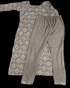 Light Silver Gray Printed Kurti Pant Set