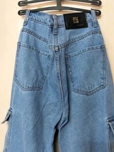 Light Blue High Rise Straight Leg Cargos Jeans