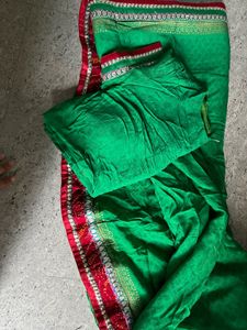 Embroidered Green &amp; Red Border Saree &amp; Blouse