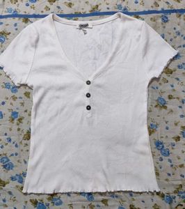 White Ribbed Button-Down Top