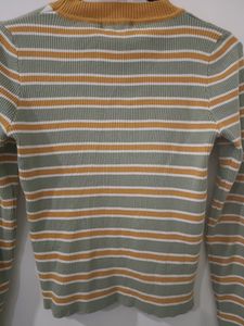 Women Mock Neck Yellow Stripes Sweater