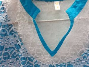 Mesh Detailed Blue &amp; White Kurta