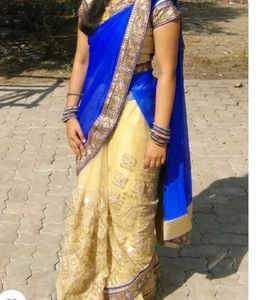 Net Blue & Gold Saree